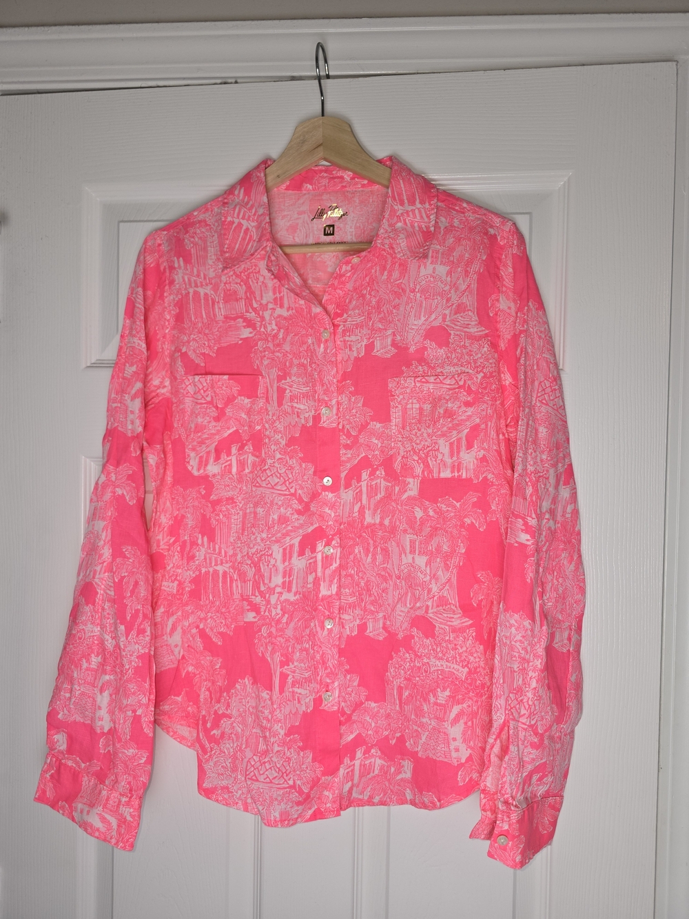 Lilly Pulitzer Destination Palm Beach 100% Linen Hot Pink Button Down Shirt M - Picture 3 of 9